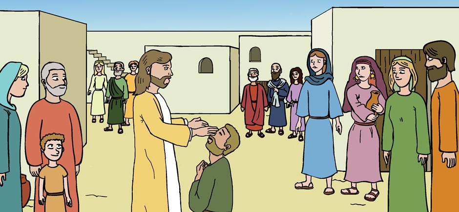 Jésus fait des miracles et guérit ceux qui touchent son manteau